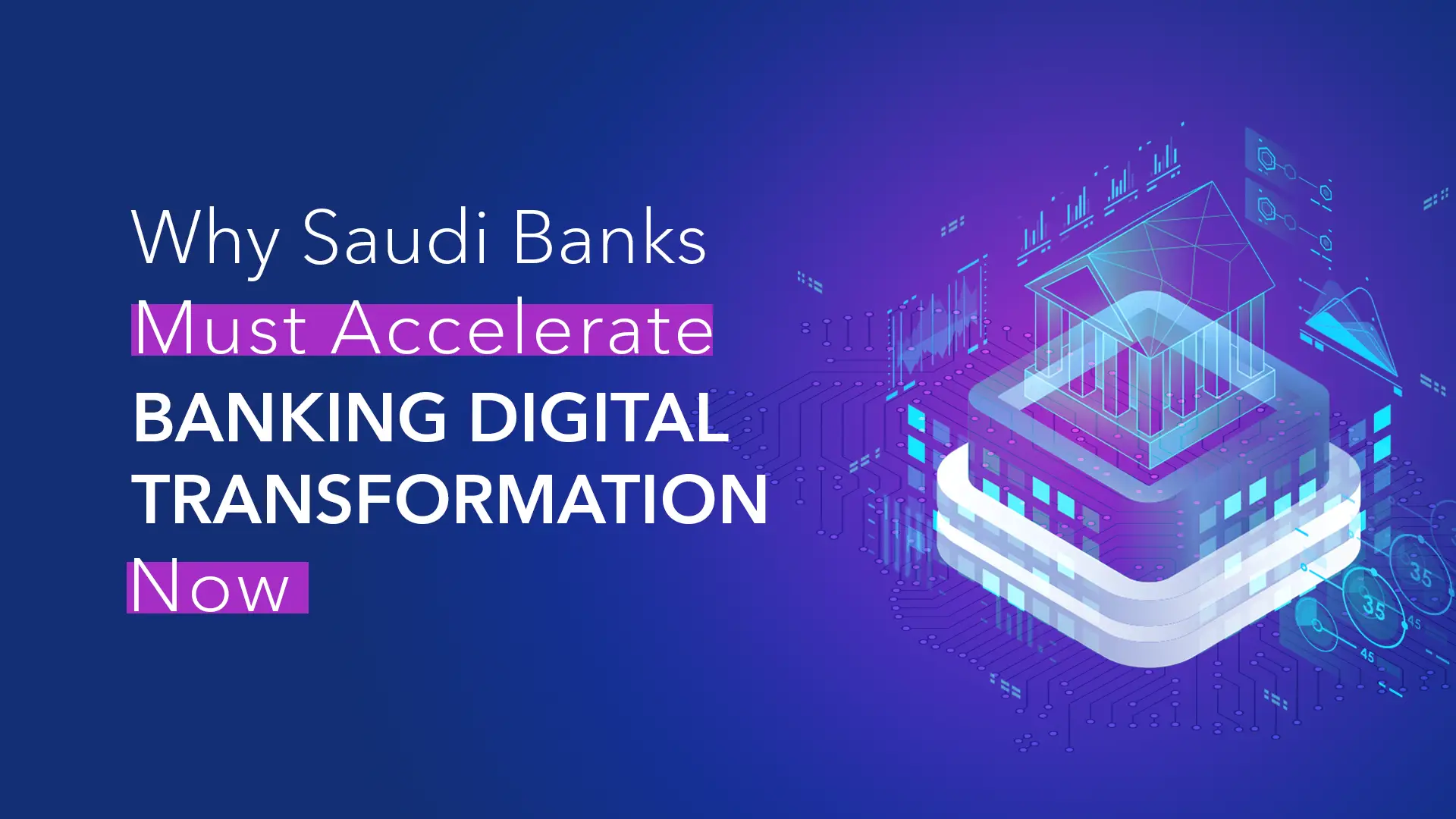 Modern isometric illustration showing banking digital transformation with 3D financial buildings, data analytics charts, and digital technology elements on purple-blue gradient background with title "Why Saudi Banks Must Accelerate Banking Digital Transformation Now