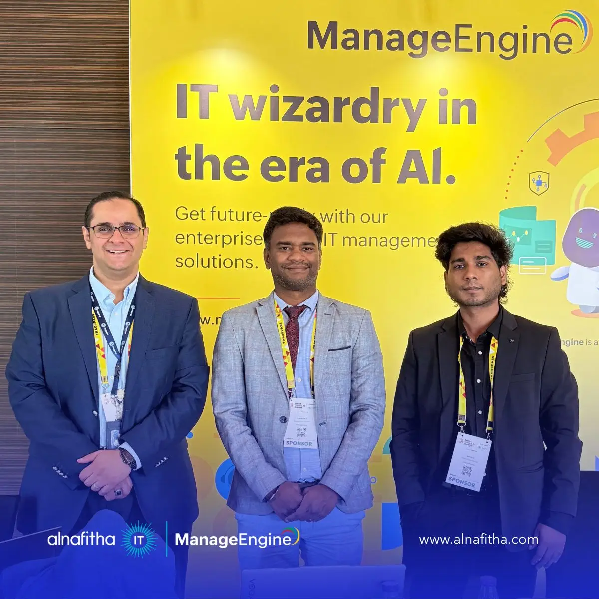 Three Alnafitha IT professionals at ManageEngine booth during technology exhibition showcasing AI-powered IT management solutions