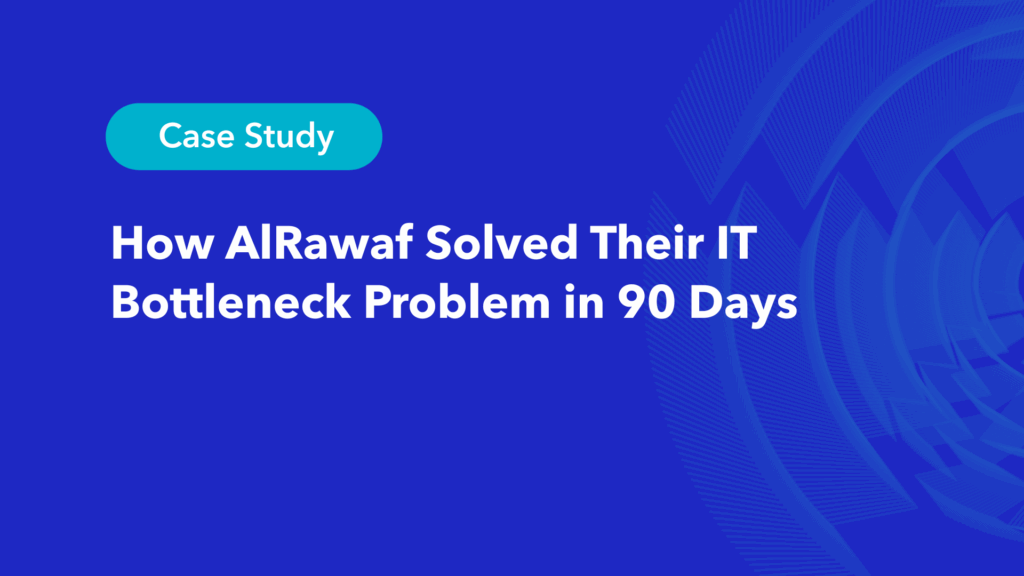 Case study title slide showing How AlRawaf Solved Their IT Bottleneck Problem in 90 Days on blue gradient background