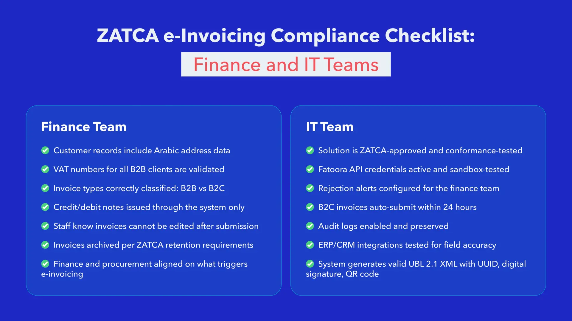 ZATCA e-invoicing compliance checklist for finance and IT teams in KSA