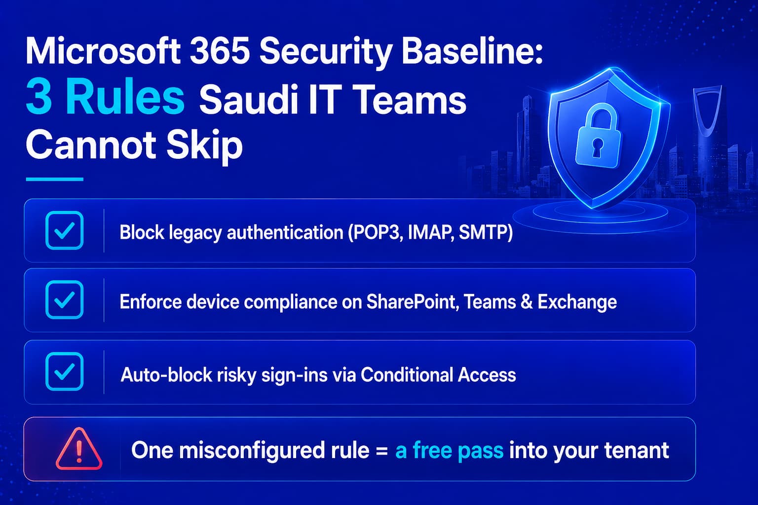 Microsoft 365 security baseline 3 rules Saudi IT teams Conditional Access legacy authentication