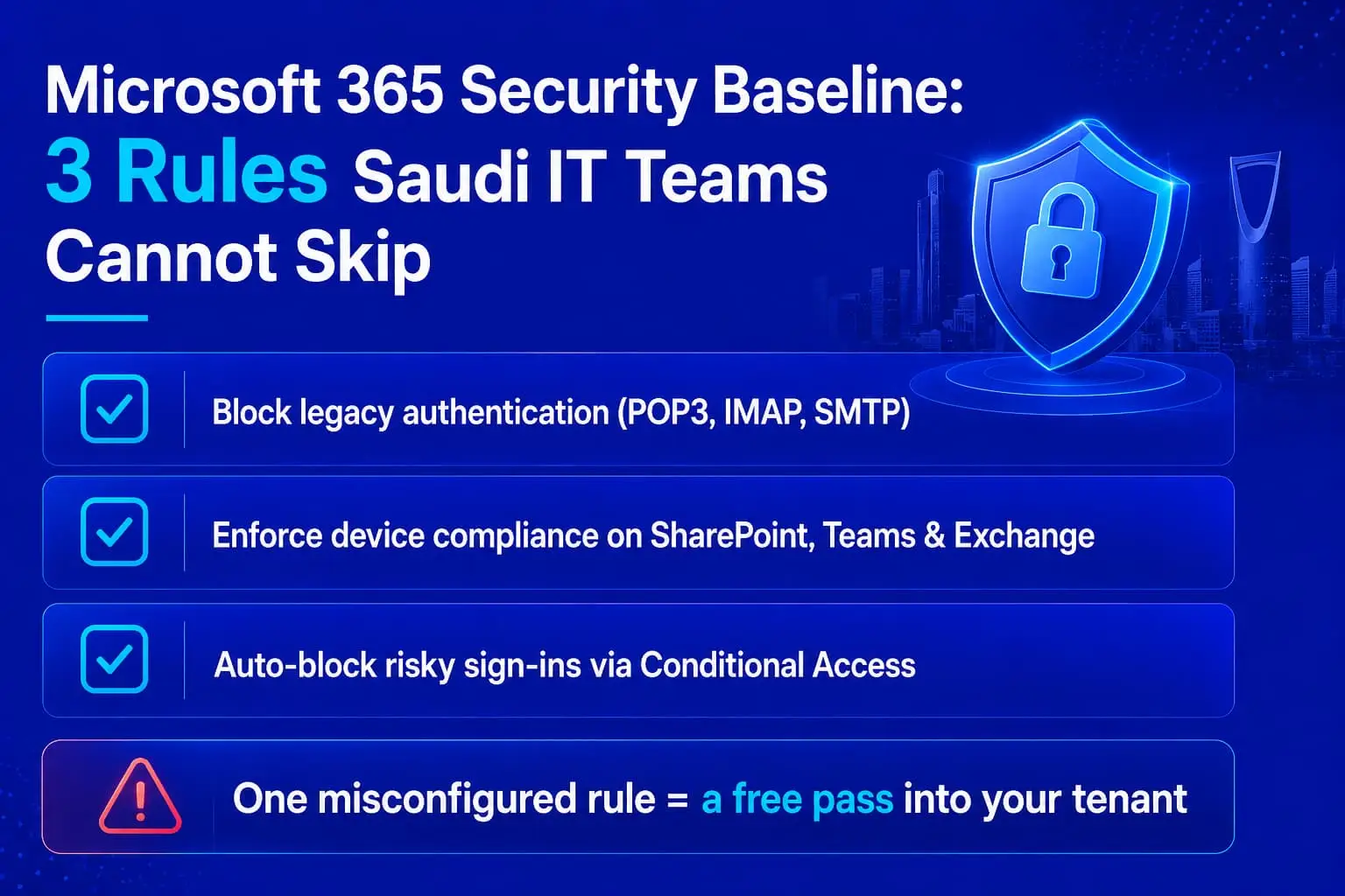 Microsoft 365 security baseline 3 rules Saudi IT teams Conditional Access legacy authentication