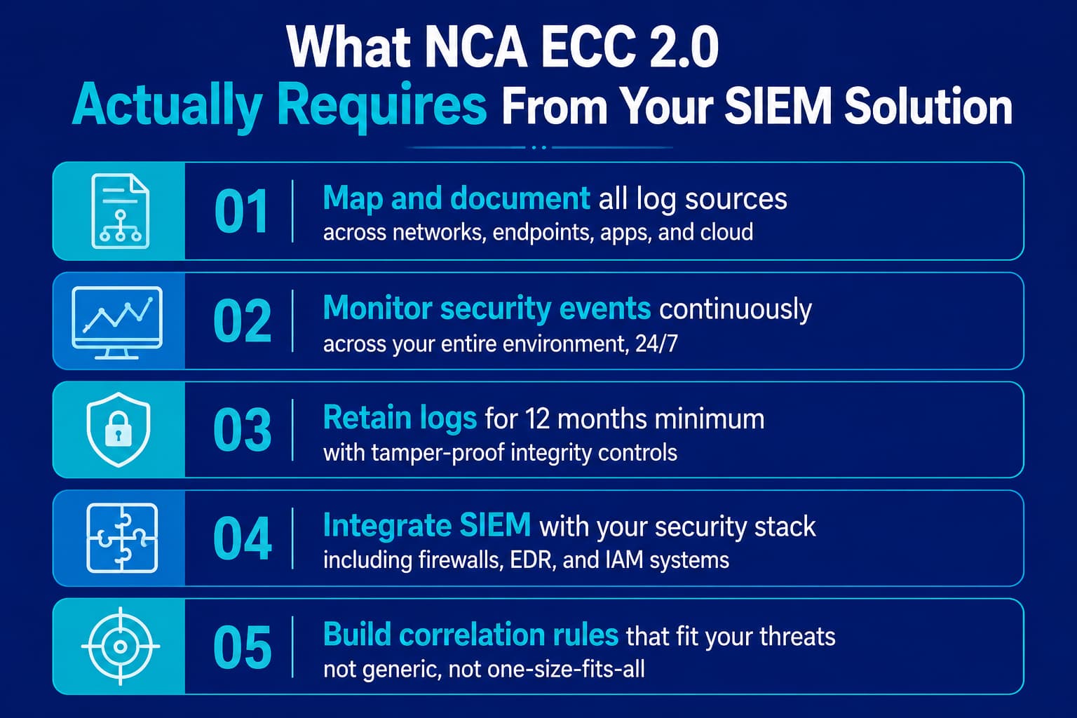 Infographic outlining five NCA ECC 2.0 requirements for a compliant SIEM solution in Saudi Arabia