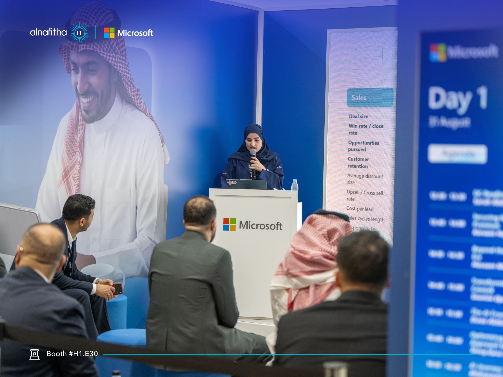 Alnafitha IT speaker presenting sales metrics session to audience at Microsoft Hub, LEAP 2026