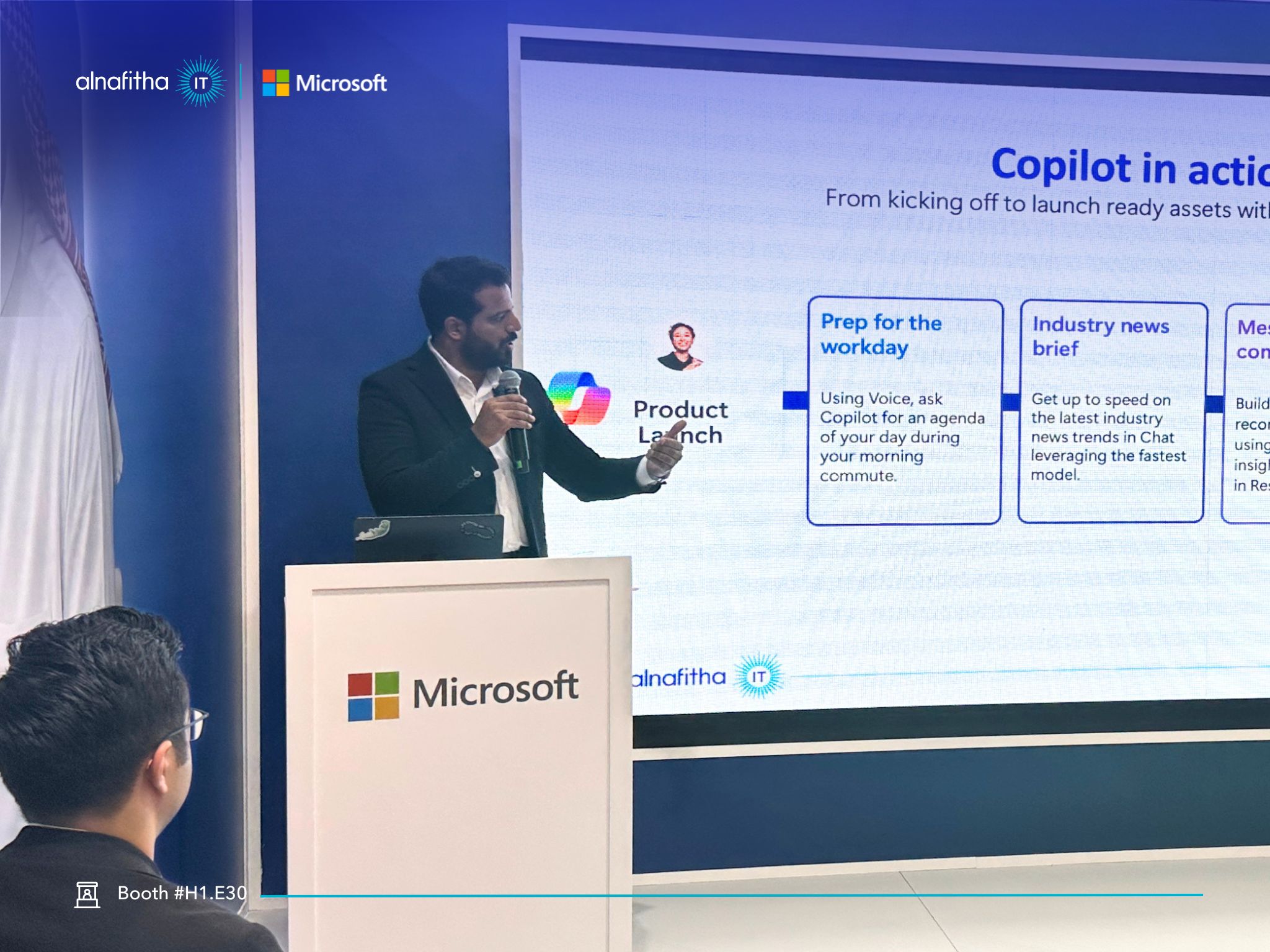 Speaker presenting Microsoft Copilot use cases at the Alnafitha IT Microsoft Hub, LEAP 2026